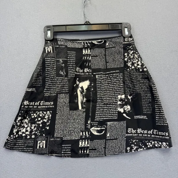 Reformation Black White Silk Newspaper Print Mini‎ Skirt The Best of Times XXS - Image 9