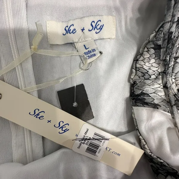 She + Sky Women Size-L Gray White Maxi Dress Snake V Neck‎ Summer - Image 6