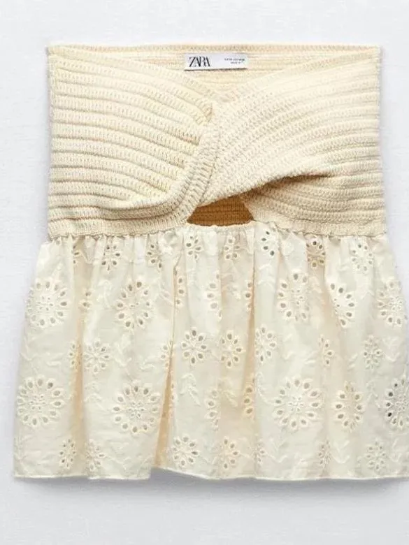 Zara Cream Knit Eyelet Twist Strapless Top - Image 2