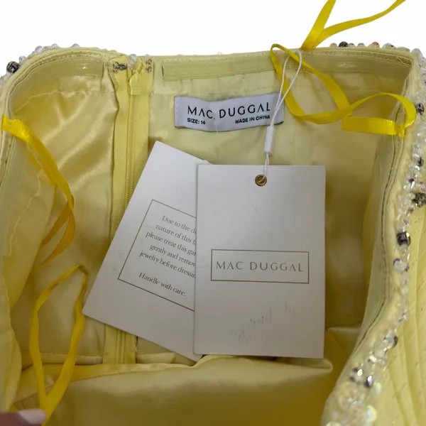 Mac Duggal Strapless Chiffon Hi Low Evening Gown Lemon Yellow Size 14 - Image 14