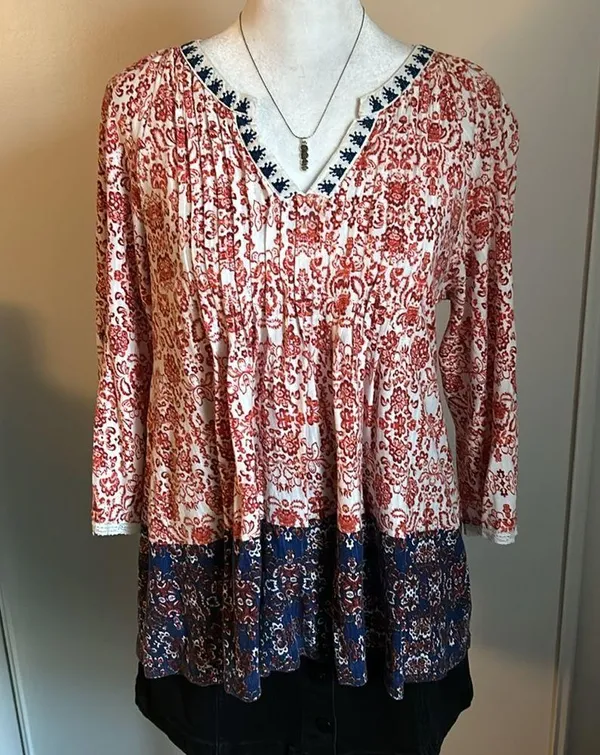 Vintage America Boho Pleated Notch Neck Oversized Peasant Blouse - Image 8