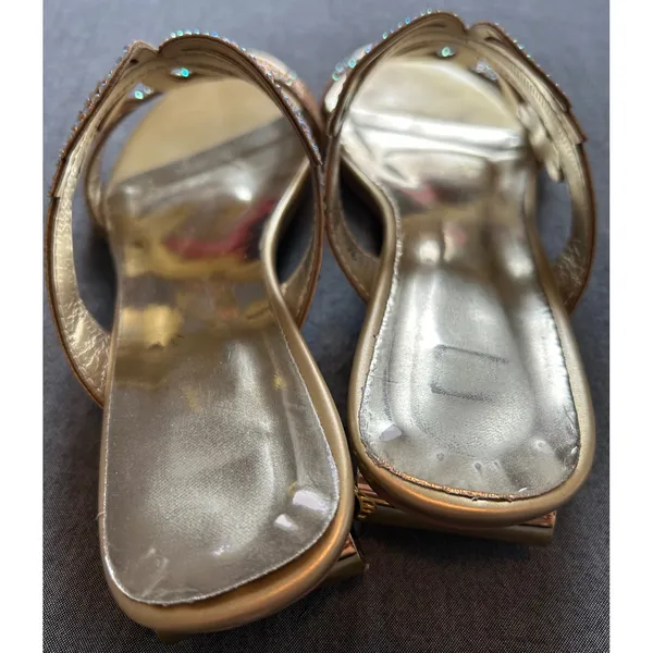 Gold Rhinestone Butterfly Slide Sandals Architectural Crystal Block Heel - Image 4