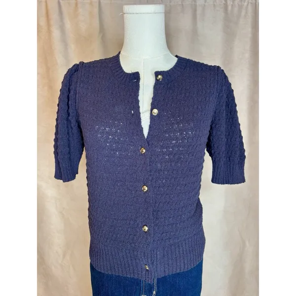Free Assembly Blue Knit Cardigan Puff Sleeve Cottagecore Sweater Top Small - Image 2