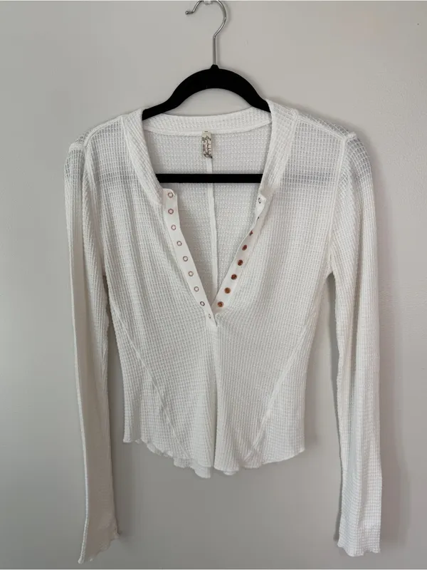 Free People One Of The Girls Henley Long Sleeve Thermal Shirt White Medium - Image 2
