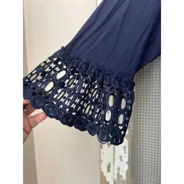 Lilly Pulitzer Ophelia Dress True Navy Flutter Bell Crochet‎ Lace Sleeve Women L - Image 3
