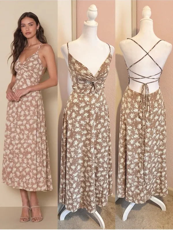 Lulus Picturesque Moments Brown Floral Print Strappy Maxi Dress xs - Image 2