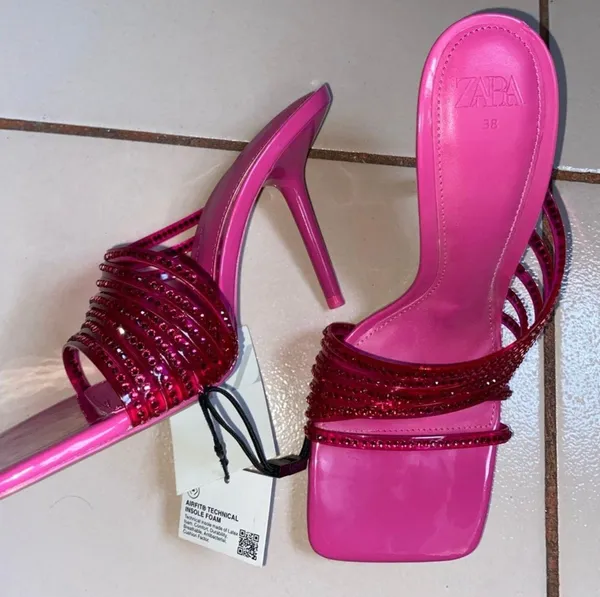 ZARA Hot Pink Rhinestone Embellished Vinyl Sequin Strappy Open Square Toe High Heels Sandals Mules - Image 16