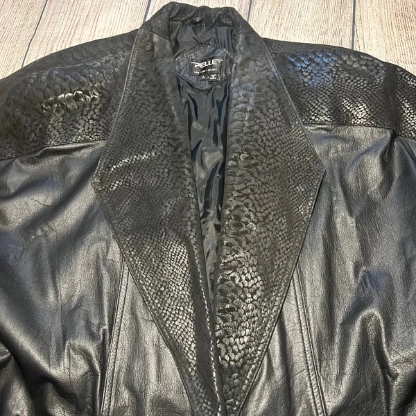 VTG PELLE‎ New York Milano Black Leather Jacket Snakeskin Print Womens Large 90s - Image 4