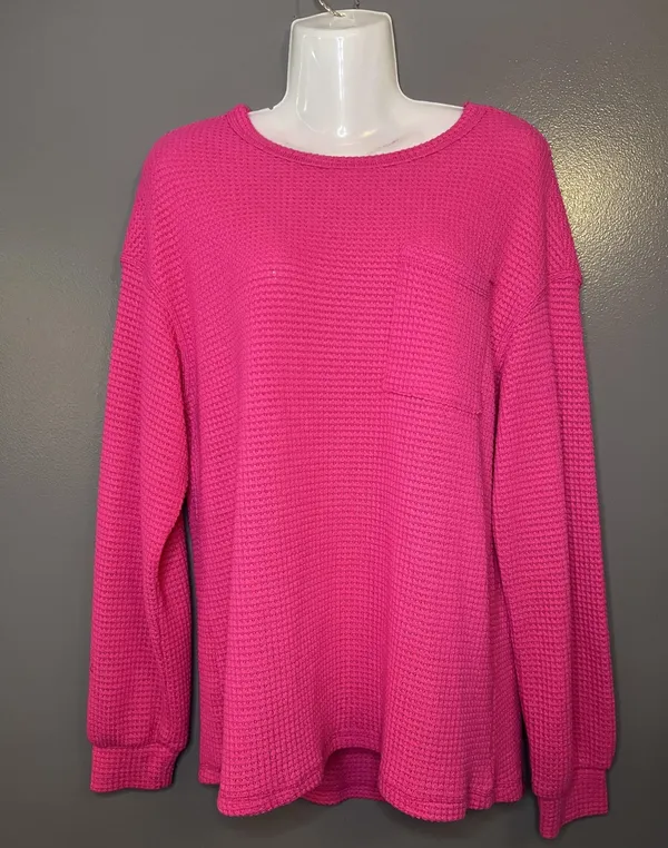 Dokotoo Sweater Womens Medium Pink Waffle Knit Long Sleeve Pocket Pullover - Image 2