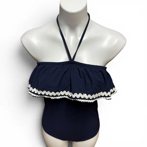 J.Crew Halter Ruffle One Piece Swimsuit Navy Blue White 6 - Image 2