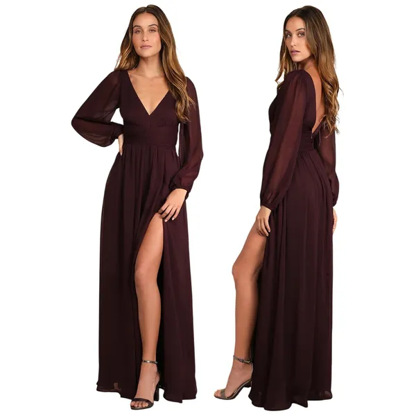 Lulus Enchant My Love Dark Purple V-Neck Long Sleeve Maxi Dress Small - Image 2