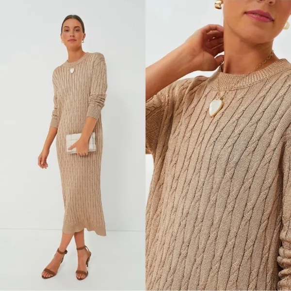 Tuckernuck Gold Metallic Cable Knit Long Sleeve‎ Midi Dress size Medium - Image 2