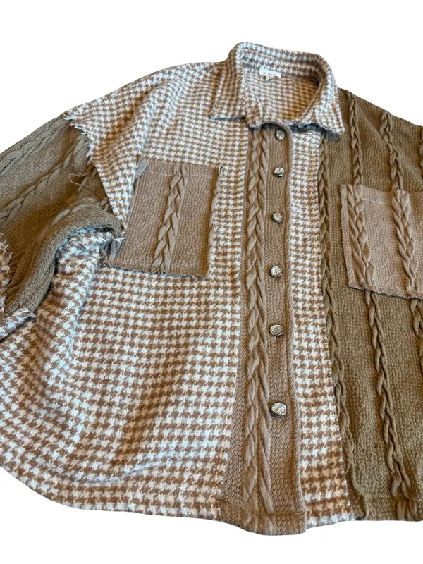 POL Pieced Houndstooth Panel Shacket Mocha Multi Patch Relaxed Fit Size Large - Image 4