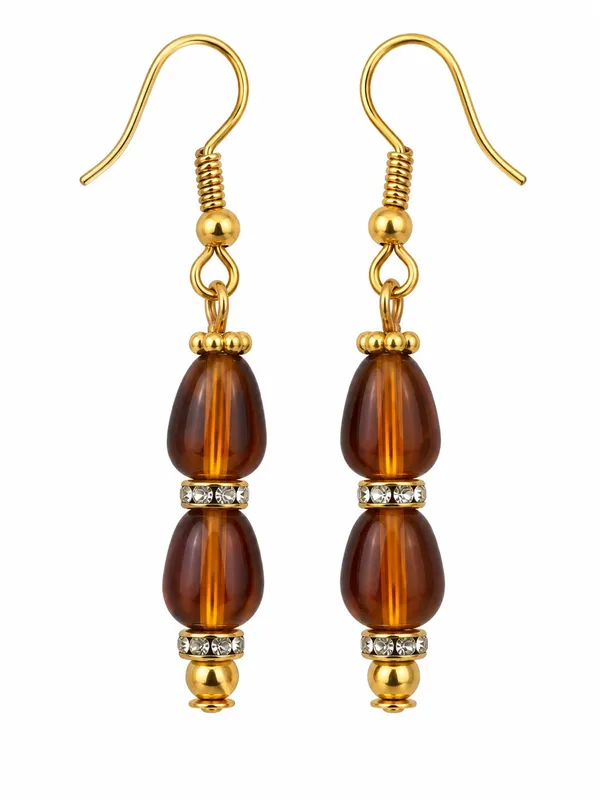 Artisan Dangle Earrings Amber Brown Beaded Gold Tone 1.75” Handcrafted NEW - Image 2