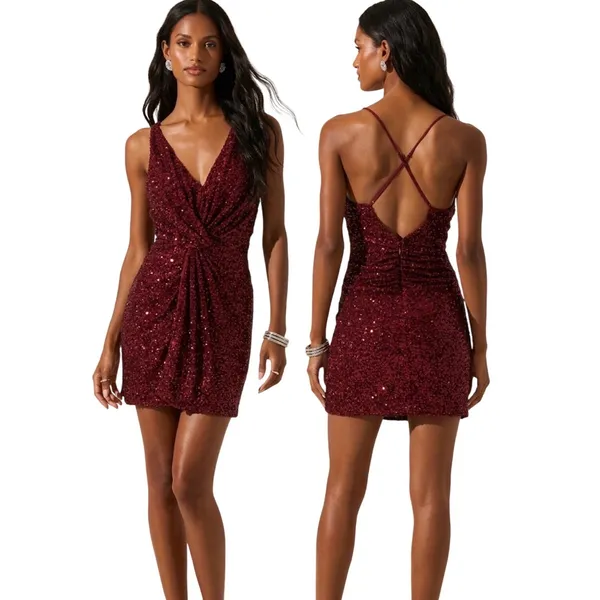 ASTR the Label Wine Sequin Twist Front Mini Dress Burgundy Size Medium‎ NEW - Image 2
