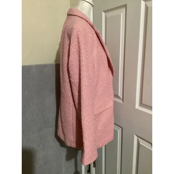 H&M Pink Textured Tweed Blazer Jacket Gold Buttons Oversized Women Medium - Image 4