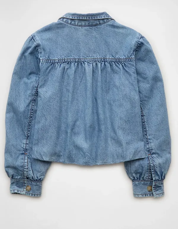 American Eagle Cropped Denim Jacket Women’s Medium Blue Puff Sleeve Button Front NWT - Image 5