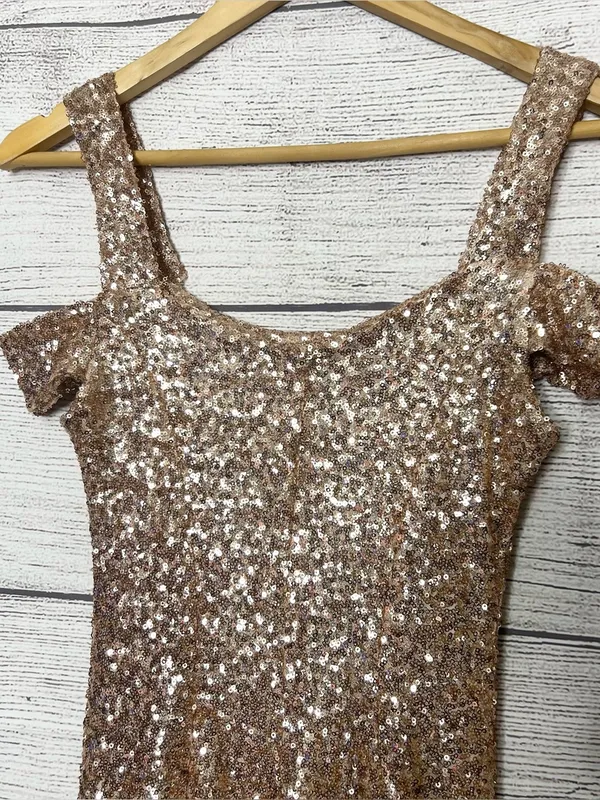 Couture Gold Sequin Sparkling Off Shoulder Formal Evening Gown Size Small Tall - Image 2