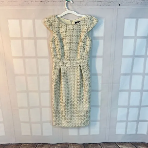 Badgley Mischka White Gold Tweed Boat Neck Cap Sleeve Sheath Dress Size 0 - Image 2