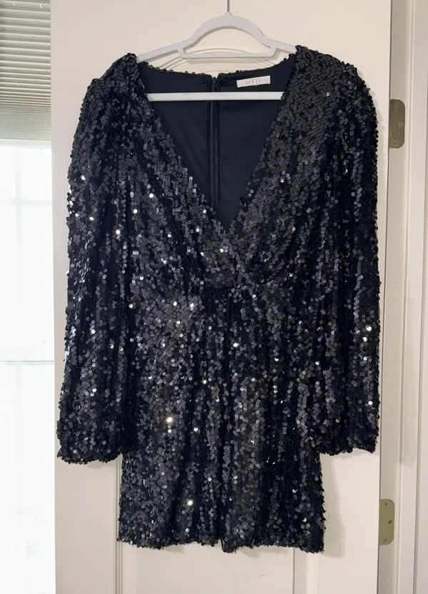 Black Sequin Longsleeve Mini Dress - Image 3