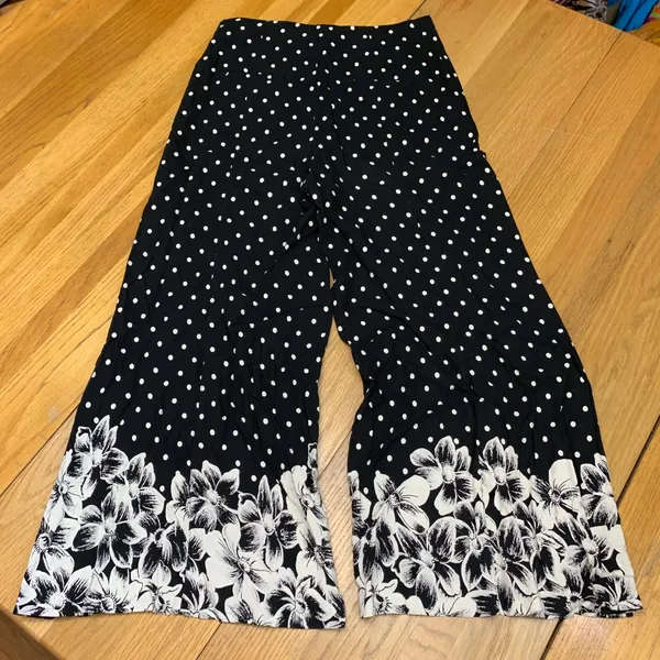 Ett Twa by Anthropologie Polka Dot Floral Wide‎ Leg Pants Black White Size 4 - Image 5
