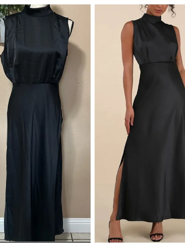Lulus Classic Elegance Black Satin Sleeveless Mock Neck Maxi Dress - Image 2