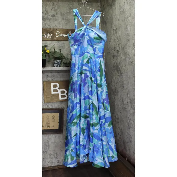 NWT Taylor Womens Twisted Halter Printed Gown Dress 9185S Sapphire Blue 14 - Image 4