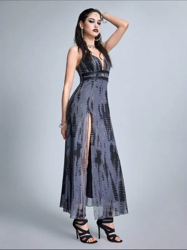 Sleek Gray Grunge Goth Plunge Maxi Dress with High Slit New - Image 4