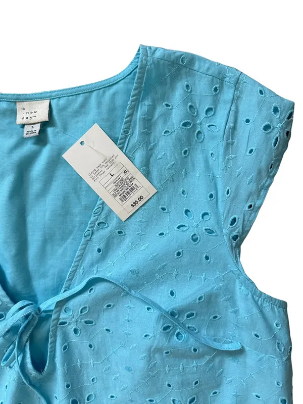 NWT A New Day Eyelet Mini Dress Blue V-Neck Tie Front Size Large - Image 12