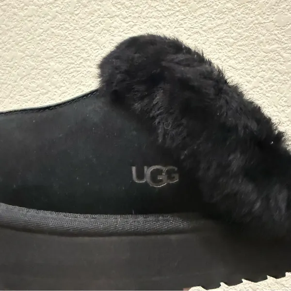 UGG Disquette Black Suede Leather Plush Sheepskin Platform Slippers Size 8 - Image 13