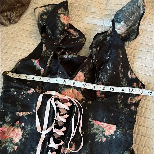 Love shack fancy cosmo rare black floral ruffle silk high low midi dress M L​​ - Image 11