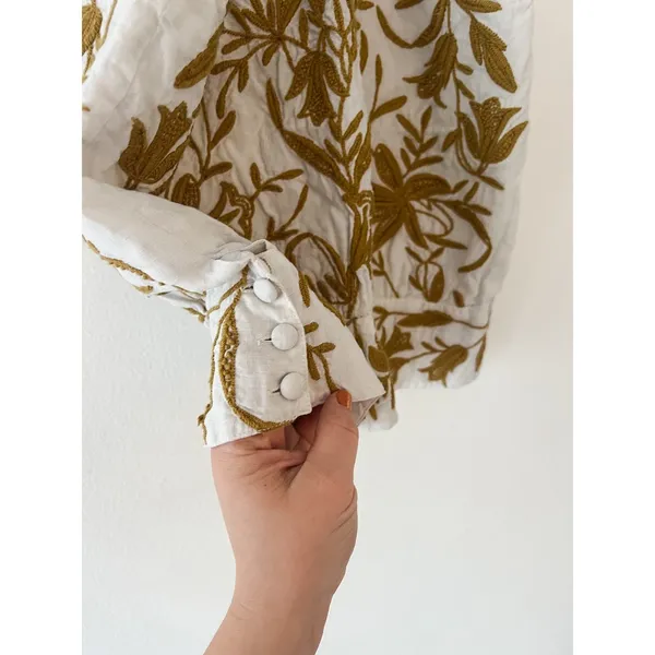 Anthropologie Vanessa Virginia Top Halter White Linen Embroidered In Gold small - Image 4