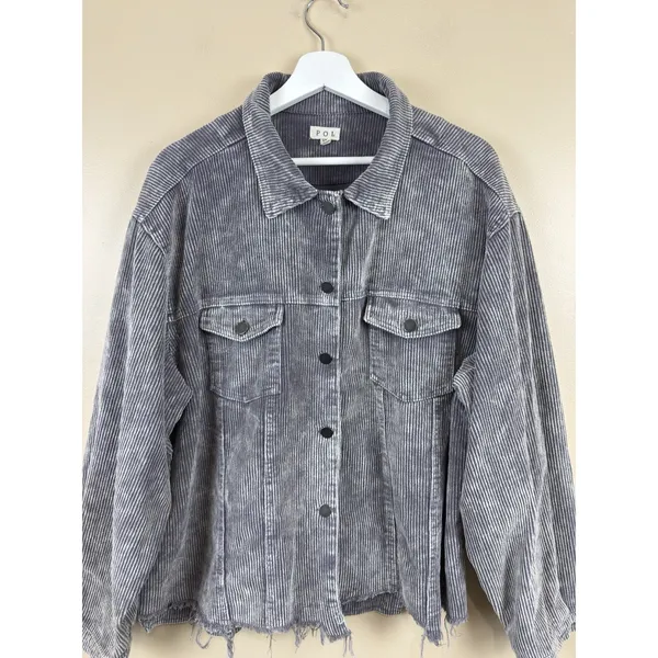 Pol Women’s Corduroy Button Distressed Gray Raw Hem Jacket Plus Size 3XL - Image 2