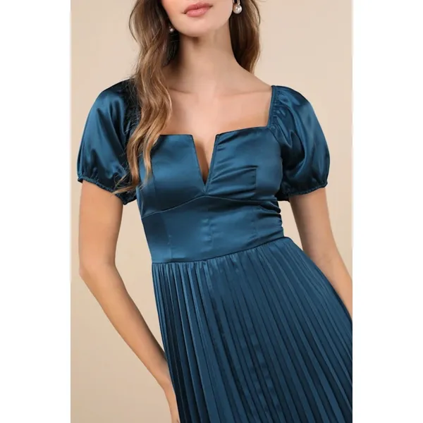 NWT Lulus Flawless Forever Teal Satin Pleated Midi Dress Bridesmaid Gala Size M - Image 8