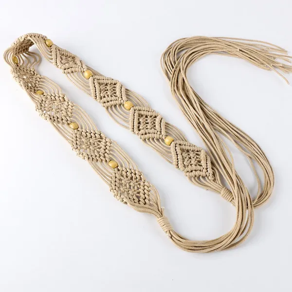 NWT Macrame Boho Woven Rattan Straw Rope Braid Waist Belt Khaki Tan - Image 5