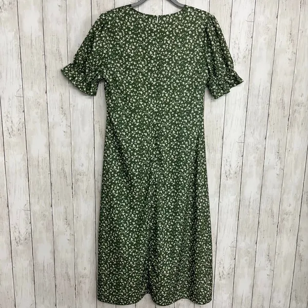 Unbranded Green White Dainty Floral Short Sleeve Button Faux Wrap Midi Dress - Image 2