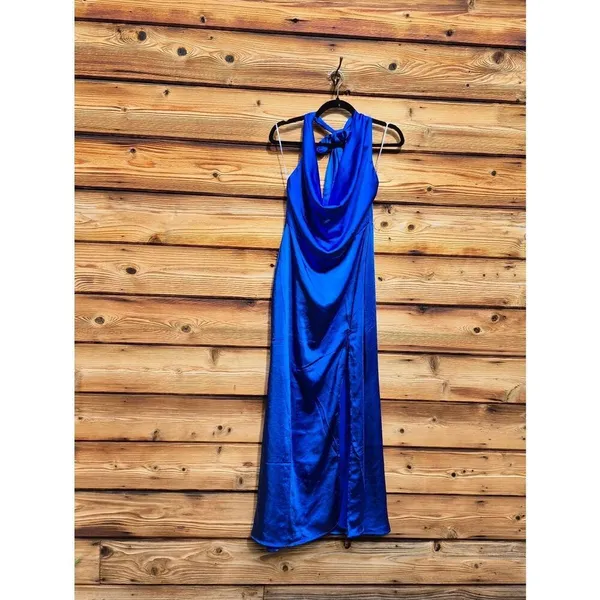 NWT Elliatt Blue Satin Halter Neck Maxi Dress Size M - Image 5