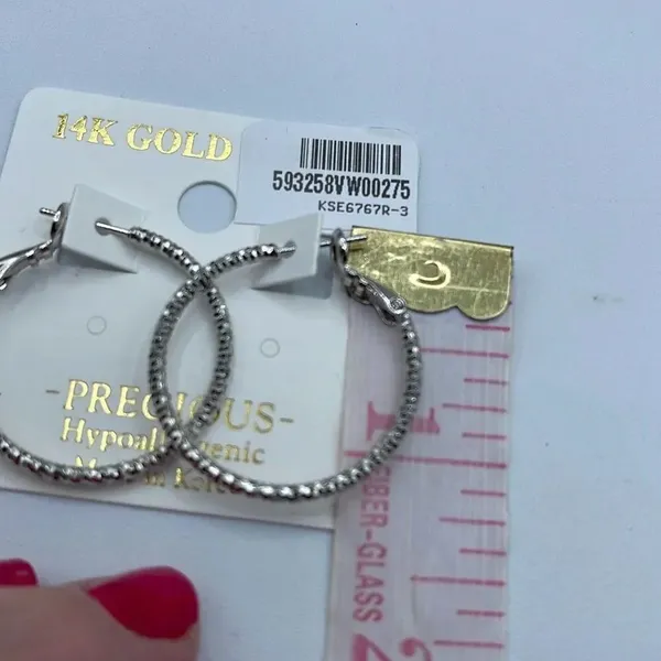 NWT Precious 14K white dipped gold textured hoops. Omega clasp. - Image 2