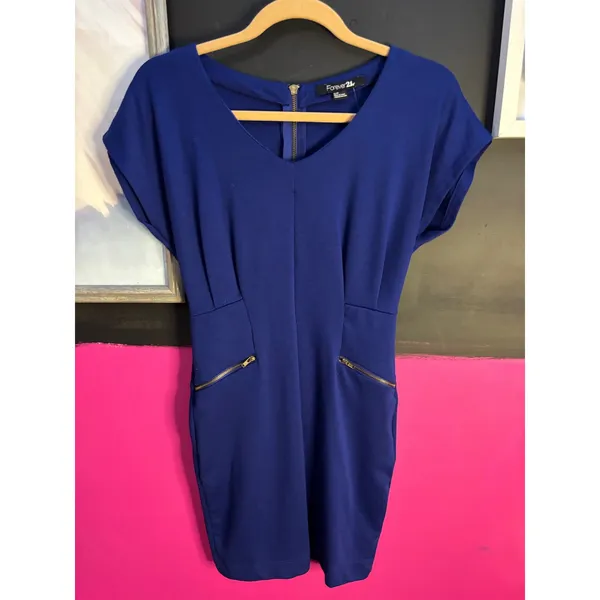 Forever‎ 21 Royal Blue Cap Sleeve Sheath Dress Gold Zip Pockets Size S - Image 6