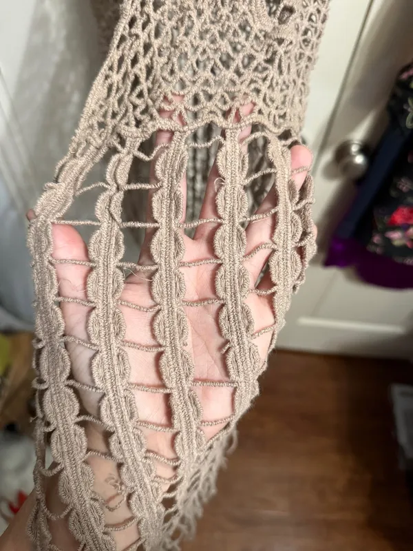 💖 Tan Sheer Open Knit Crochet Fringe‎ Duster Vest Boho Western Festival Hippie - Image 5