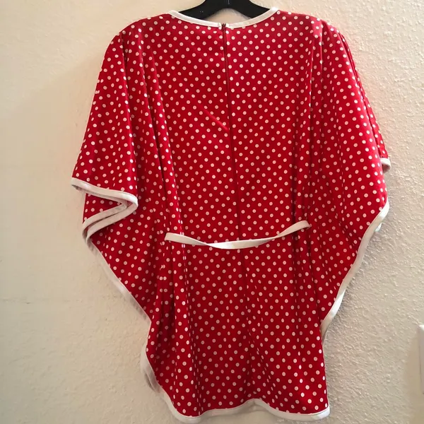 1980s Vintage Red white polka dot kimono style butterfly bell sleeve top blouse belted cinch waist Size S, measurement in pics Excellent condition - Image 3