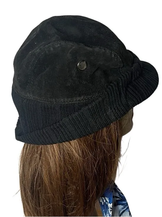 WILSONS LEATHER Black Suede Newsboy Cap Quilted Lined Ear Flaps Hat S/M UNISEX - Image 2
