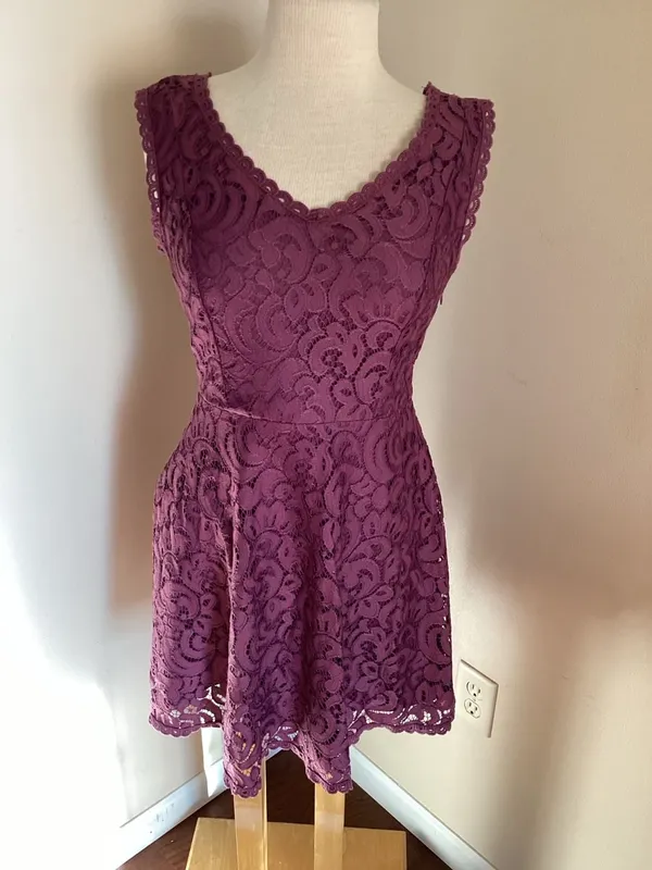 Altar'd State Purple Floral Lace Double V-Neck Fit and Flare Mini Dress Size Sma - Image 3