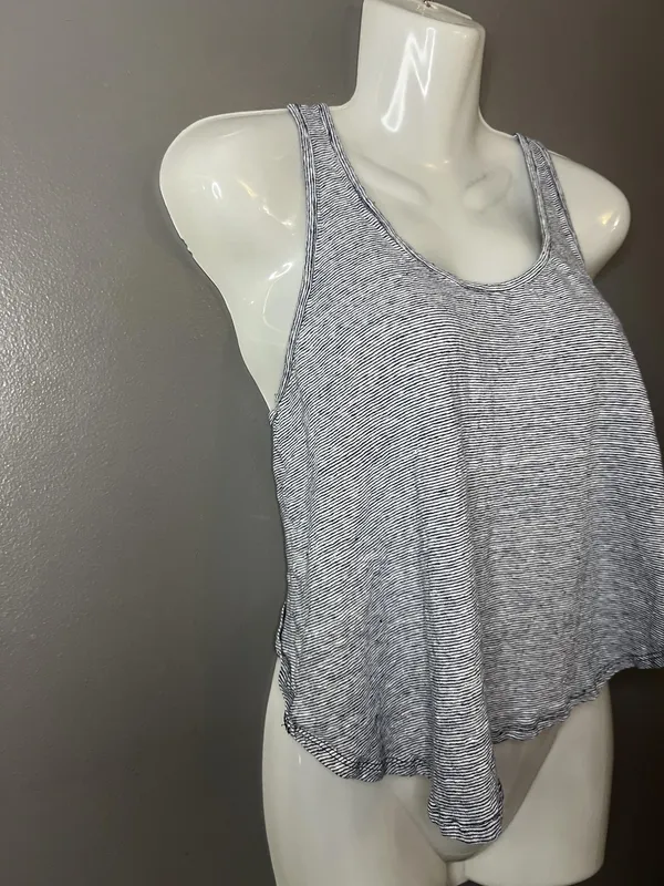 Project Social T Tank Top Womens Medium Gray Striped Linen Cropped Racerback - Image 2