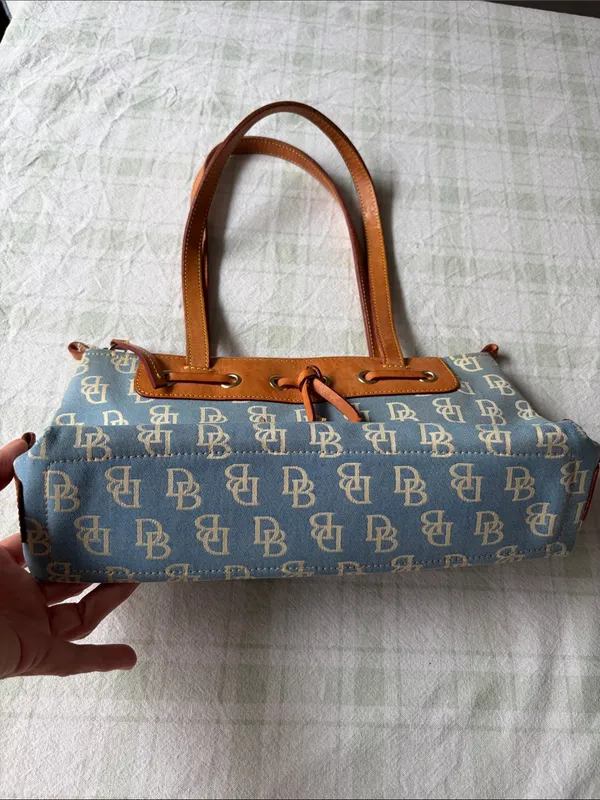 Dooney & Bourke Light Blue Canvas Shoulder Bag with Tan Leather Trim - Image 3