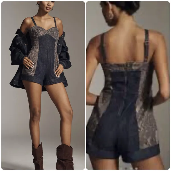 Pilcro Anthropologie Snake Print Denim Bustier Romper Shorts Size 4 - Image 2