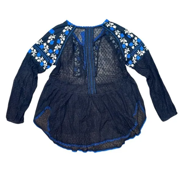 Free People transparent black blue embroidered tassel blouse women’s size XS - Image 2