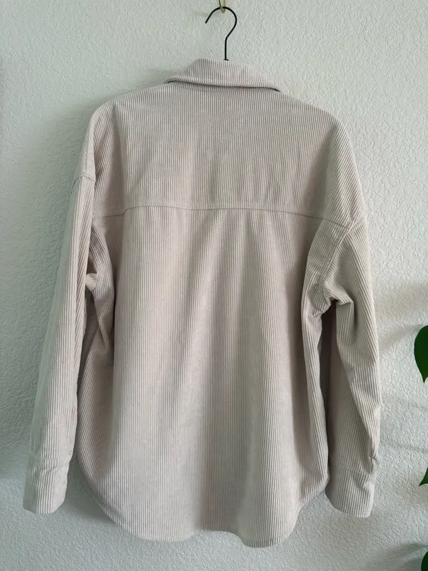 Small Beige Casual Button Down Long Sleeve with Oversized Fit Corduroy Style Tan - Image 4