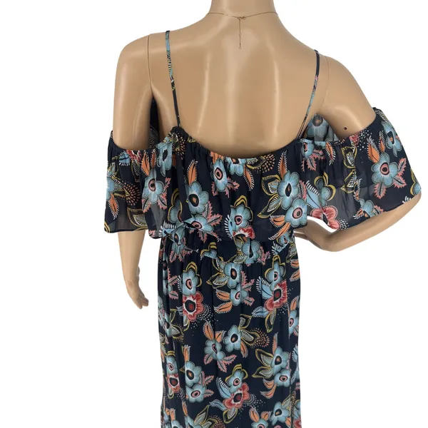 Ann Taylor Loft Floral Cold Shoulder Maxi Dress Navy Blue‎ Large Wrap Tie Waist - Image 3