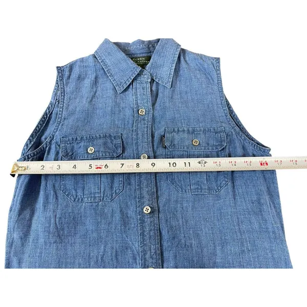 90s Ralph Lauren 100% Linen Shirt Dress Womens PS Blue Sleeveless Button Midi - Image 10